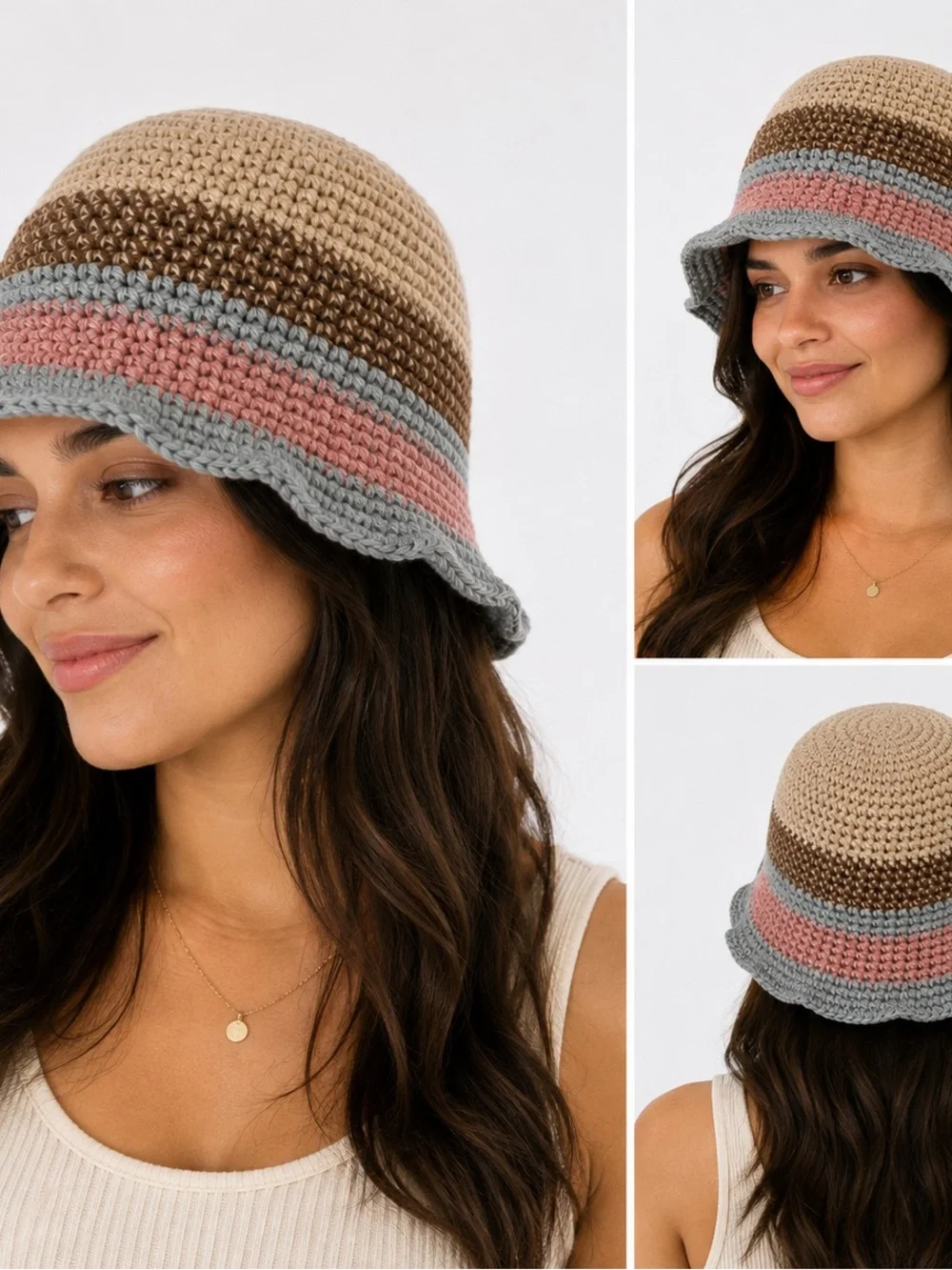 Crocheted Bucket Hat with Neutral Stripes - Beige, Brown & Pink